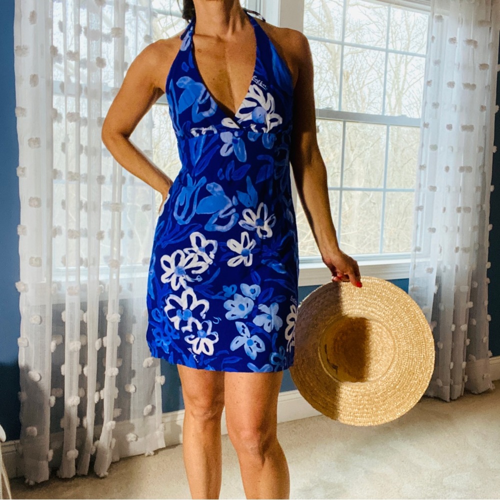 Blue printed halter beach dress